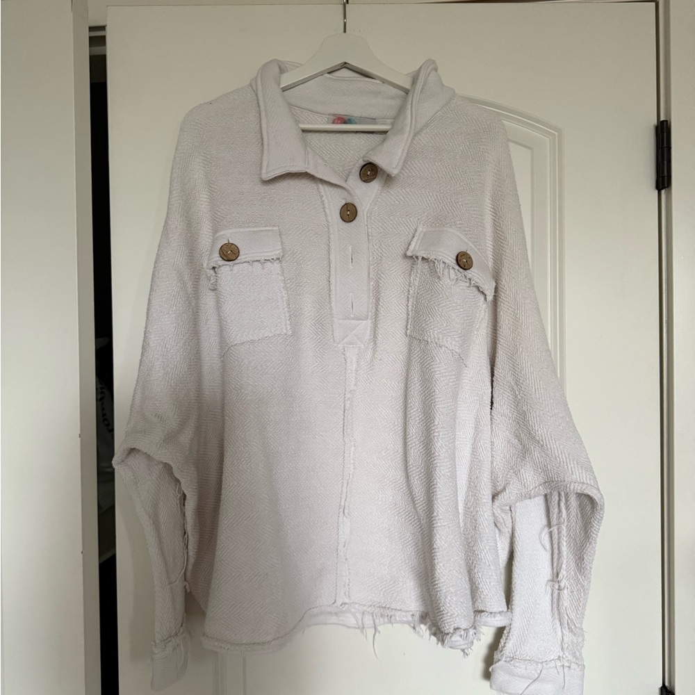 White Button-Up Sweater with Pockets